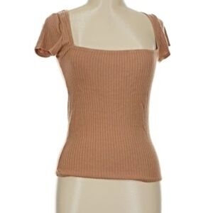 Reformation Camel Ribbed Square-Neck Short Sleeve Top